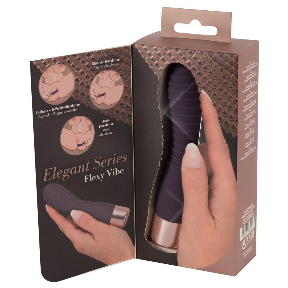 Lilla Flexy Vibe vibrator med rillet tekstur og rosegull base, vist i åpen emballasje.