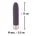 Lilla silikon klitorisvibrator med bølget tekstur og rosegull base, ca. 15 cm lang.