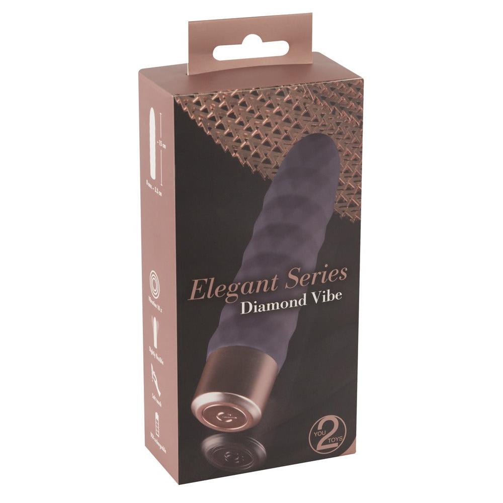Elegant Series Diamond Vibe klitorisvibrator i lilla silikon med rosegull base, vist i esken.