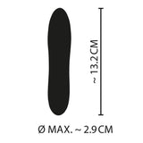 Silhuett av en klitorisvibrator som viser en lengde på 13.2 cm og en maks diameter på 2.9 cm.