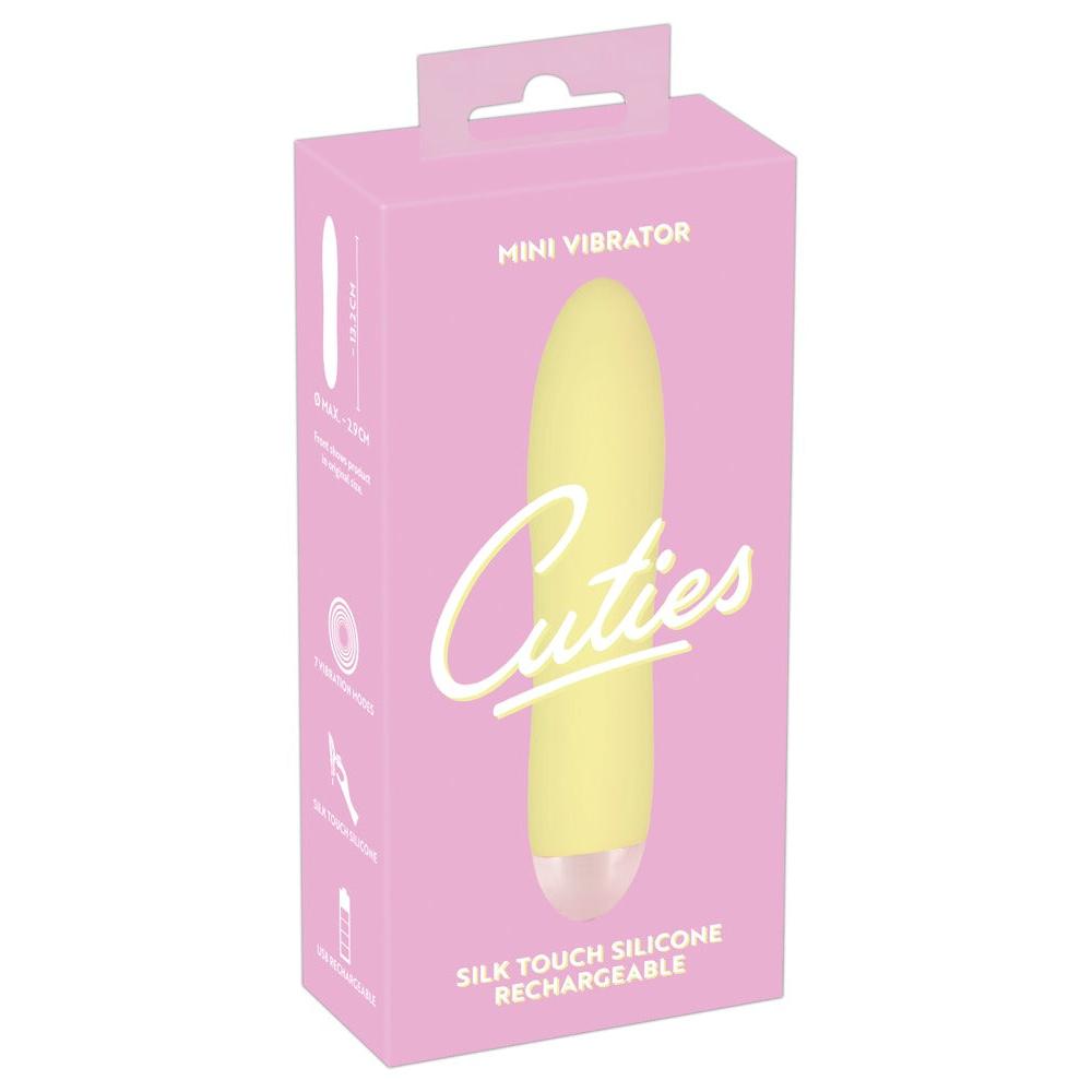 Gul Mini Cuties silikonvibrator i rosa emballasje, med produktmål og funksjoner.