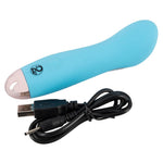 Liten, silkemyk blå klitorisstimulator med buet tupp og USB-ladekabel.