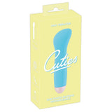 Gul eske med blå Cuties minivibrator i silkemyk silikon med rosa tupp.