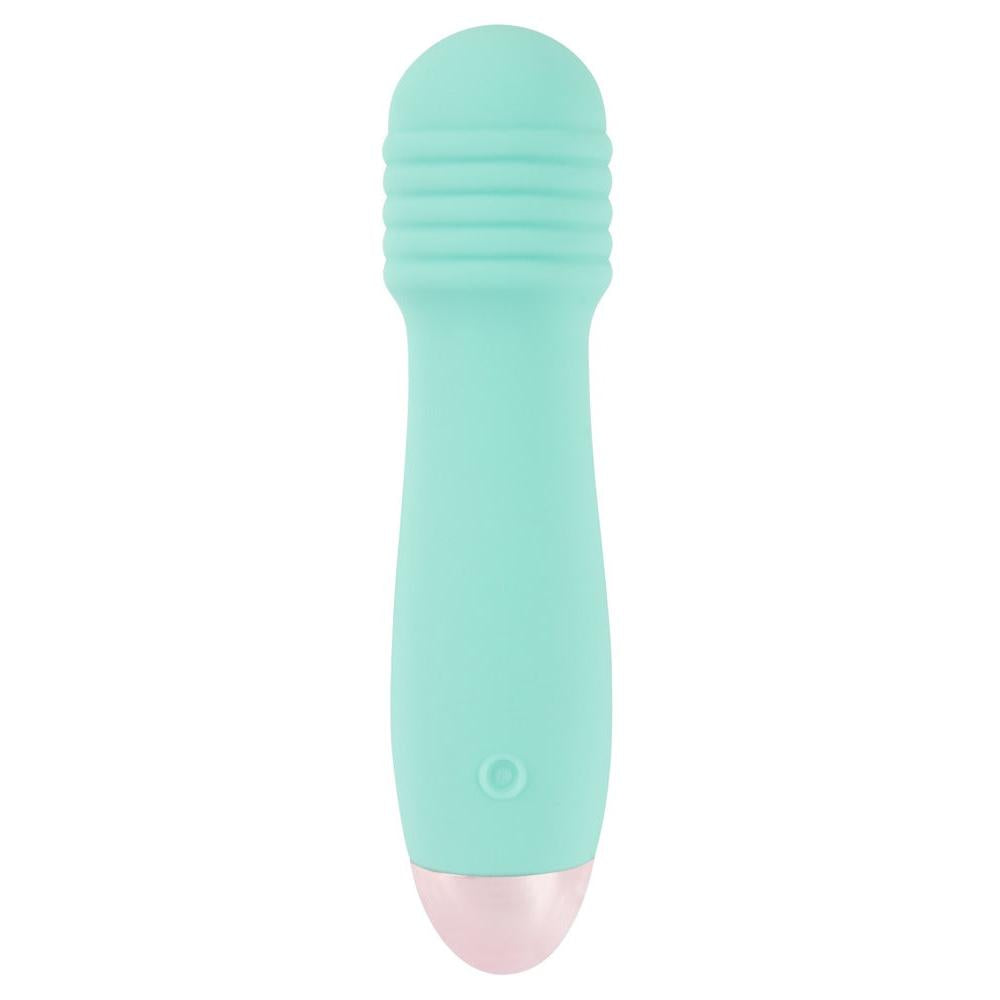Turkis minivibrator med silkemyk soft-touch-overflate, rillet hode og rosa base.