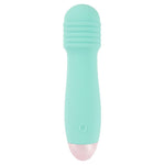 Turkis minivibrator med silkemyk soft-touch-overflate, rillet hode og rosa base.