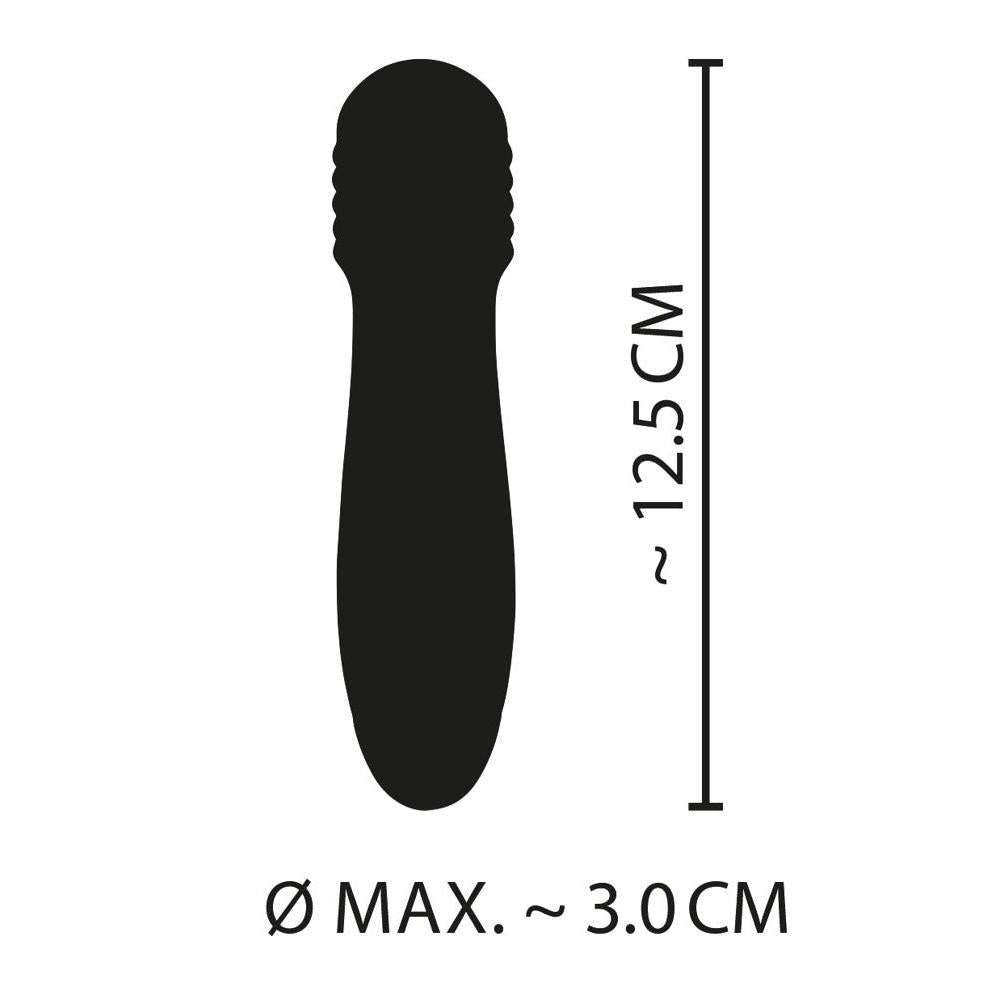 Silhuett av en turkis klitorisvibrator, ca. 12.5 cm lang og 3.0 cm i diameter, med strukturert hode.