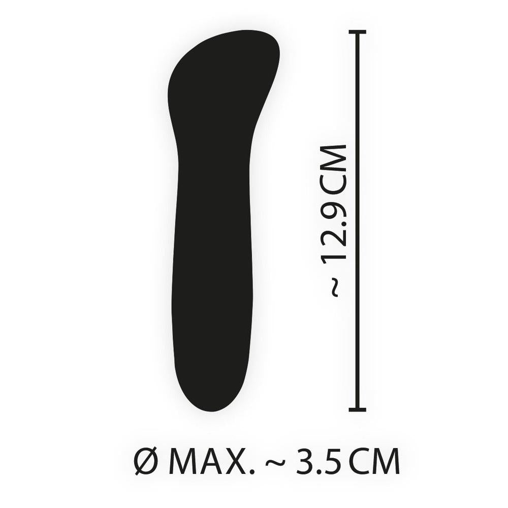 Silhuett av en liten, buet klitorisstimulator i blått, med mål på 12.9 cm lengde og 3.5 cm diameter.
