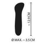 Silhuett av en liten, buet klitorisstimulator i blått, med mål på 12.9 cm lengde og 3.5 cm diameter.