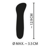 Silhuett av en liten, buet klitorisstimulator i blått, med mål på 12.9 cm lengde og 3.5 cm diameter.