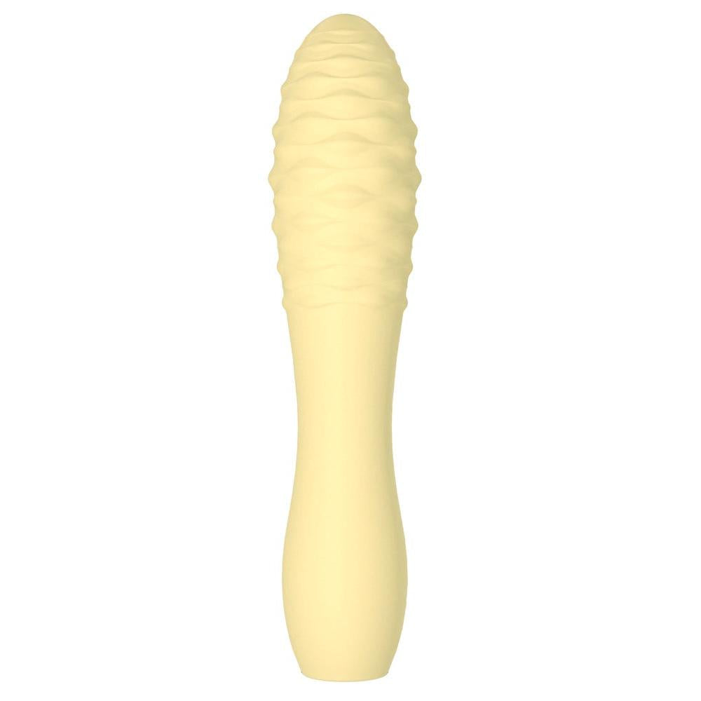 Gul, strukturert Cuties klitorisvibrator i silikon med bølget tupp og slank base.