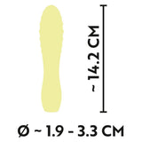 Gul, strukturert klitorisvibrator, ca. 14.2 cm lang med diameter 1.9-3.3 cm.