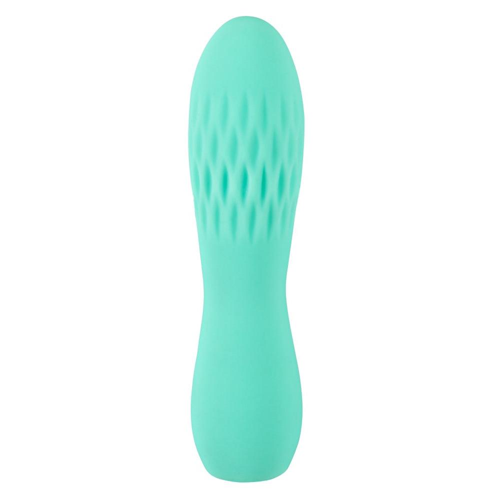 Turkis silikon minivibrator med rillet tekstur for klitorisstimulering.