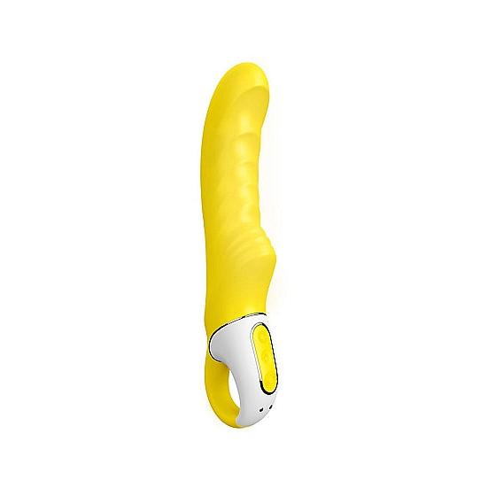 Yummy Sunshine gul G-punktvibrator med kurvet form, ribbet tekstur, og hvit kontrollbase.