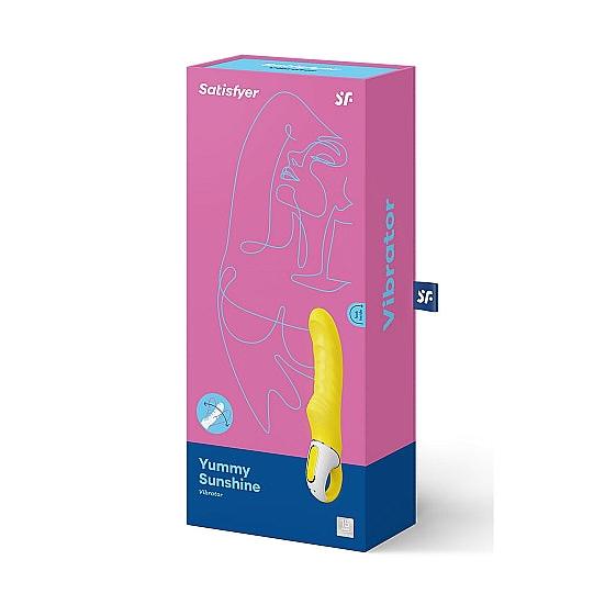 Yummy Sunshine gul G-punkt vibrator i silkemyk silikon, vist ved siden av sin rosa og blå emballasje.