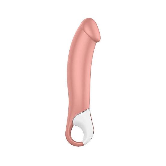 Master XXL dildovibrator i rosa silikon med buet form og hvitt ergonomisk håndtak.