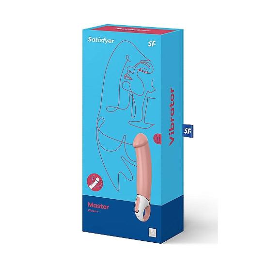 Satisfyer Master klassisk dildovibrator i rosa silikon, vist ved siden av den blå produktesken.