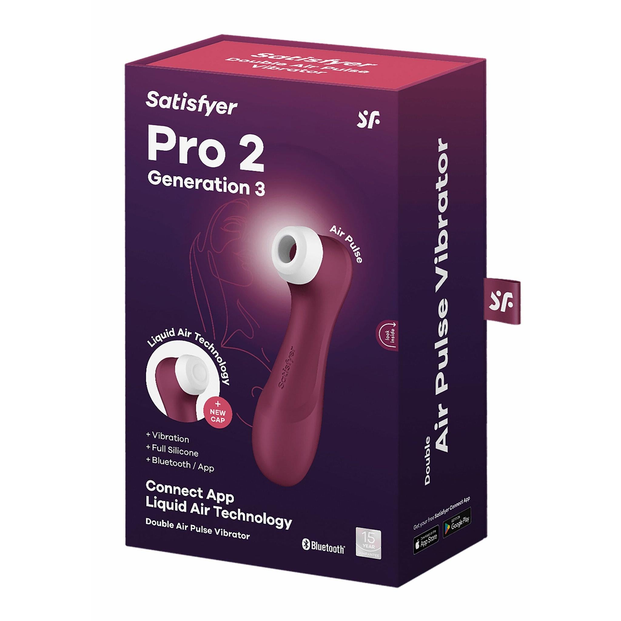 Satisfyer Pro 2 Generation 3 lufttrykksvibrator i mørk lilla silikon med hvit stimuleringshette, vist i esken.