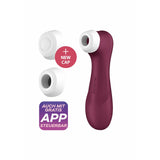Mørk lilla Satisfyer Pro 2 Gen 3 vibrator med hvit silikonmunnstykke og to ekstra Liquid Air-hetter.