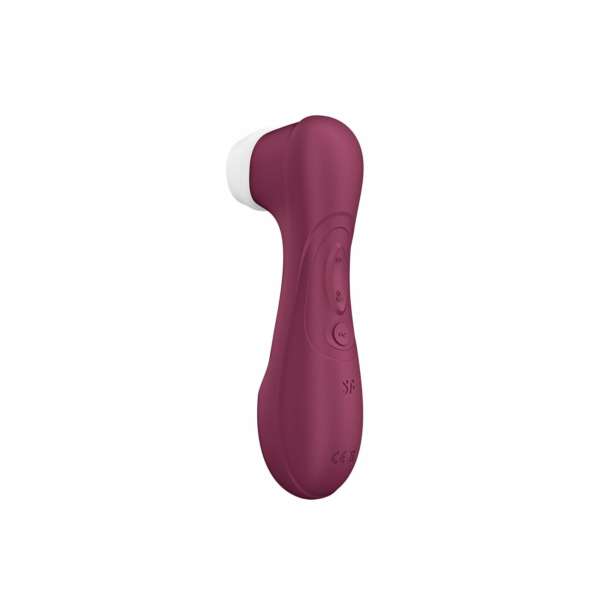 Satisfyer Pro 2 Generasjon 3 i matt plommefarge med hvit silikonmunn og kontrollknapper.