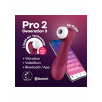 Satisfyer Pro 2 Gen 3 i mørk rød silikon, med hvit stimulator og app-skjerm.
