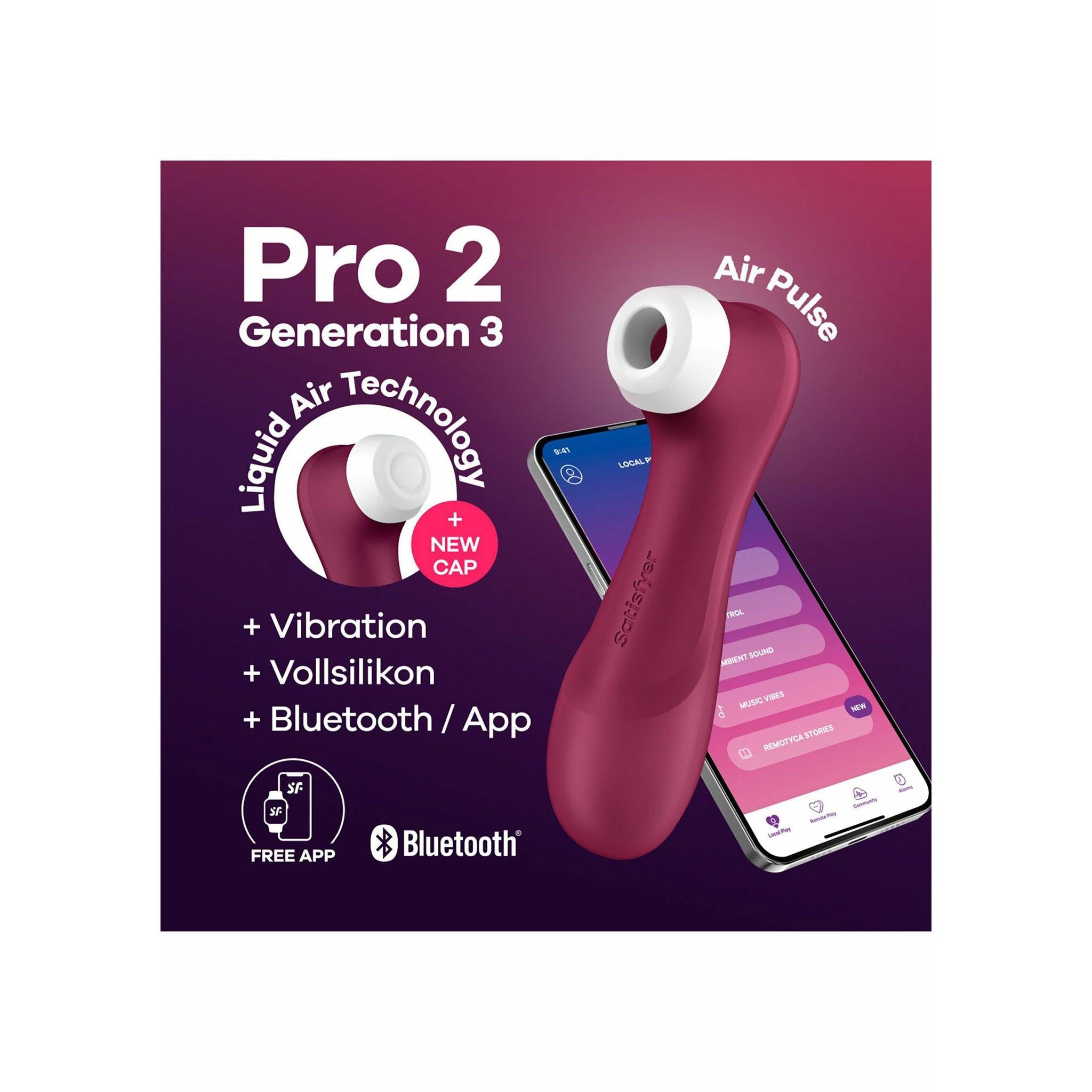 Satisfyer Pro 2 Gen 3 i mørk rød silikon, med hvit stimulator og app-skjerm.