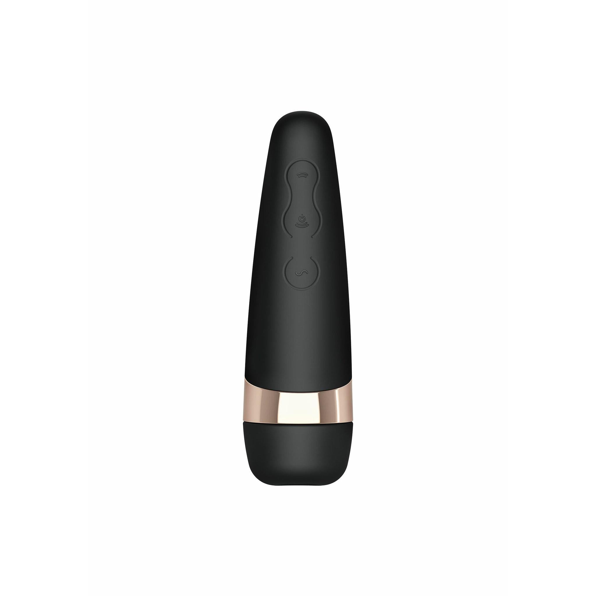 Satisfyer Pro 3+ sugevibrator i matt svart silikon med elegante gulldetaljer og kontrollknapper.