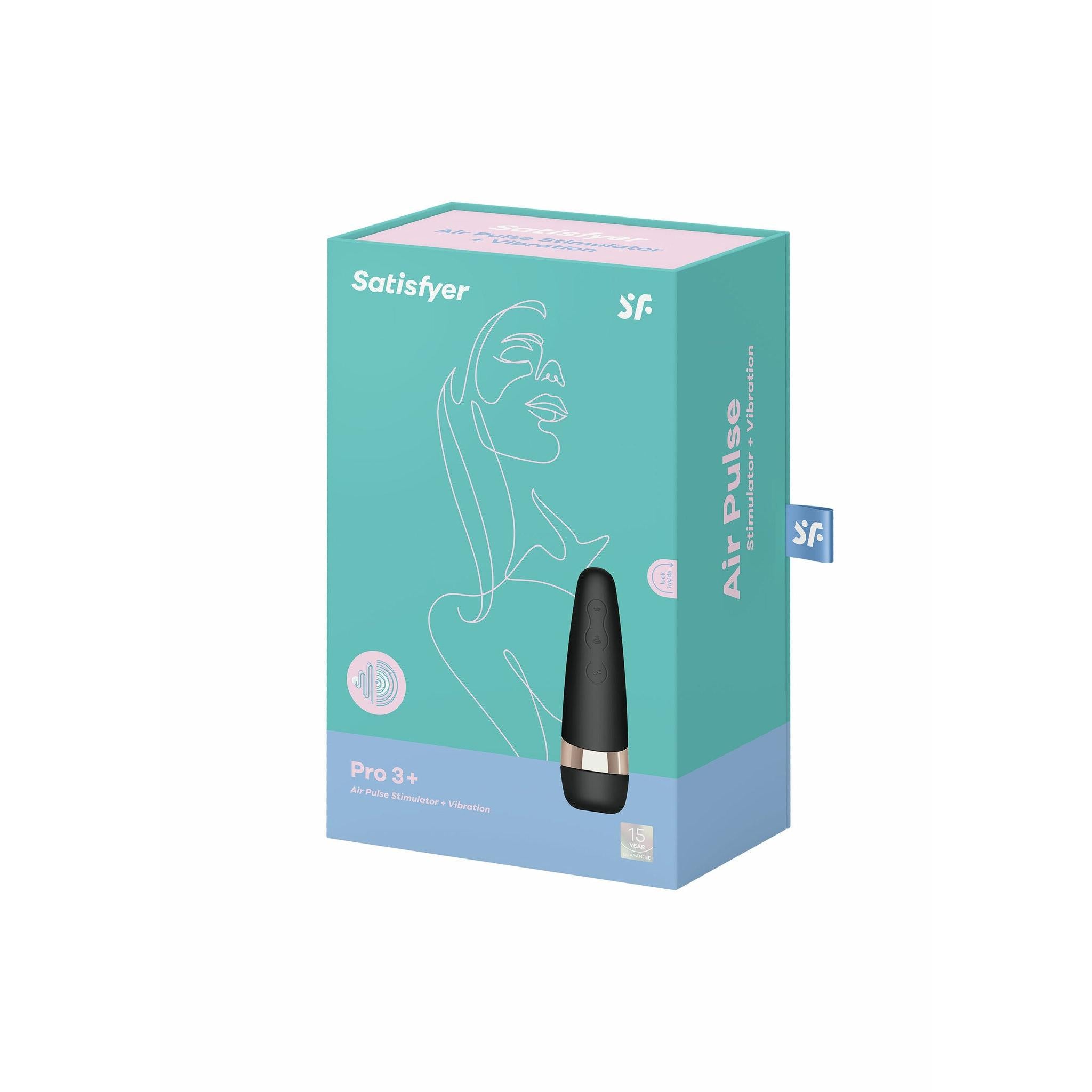 Satisfyer Pro 3+ sugevibrator i svart med gulldetaljer, vist i mintgrønn og rosa eske.