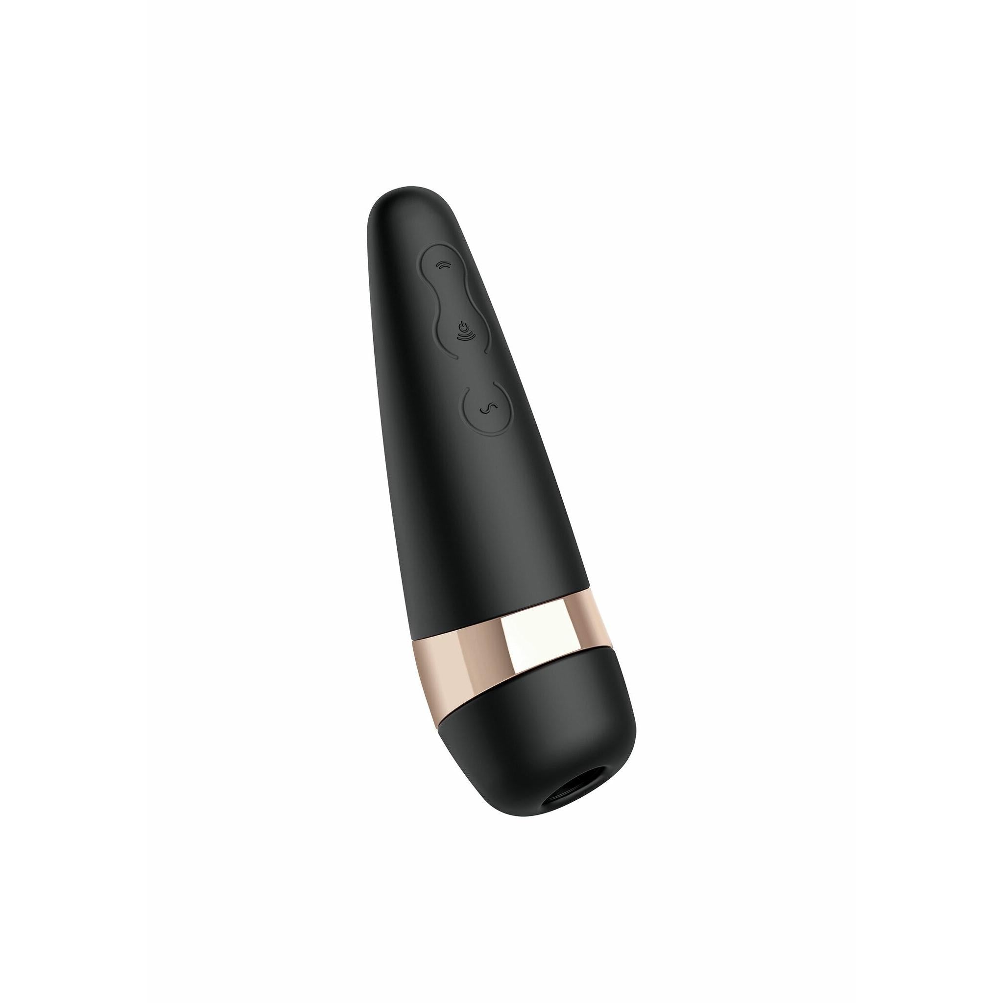 Satisfyer Pro 3+ sugevibrator i matt svart silikon med elegante gulldetaljer og kontrollknapper.