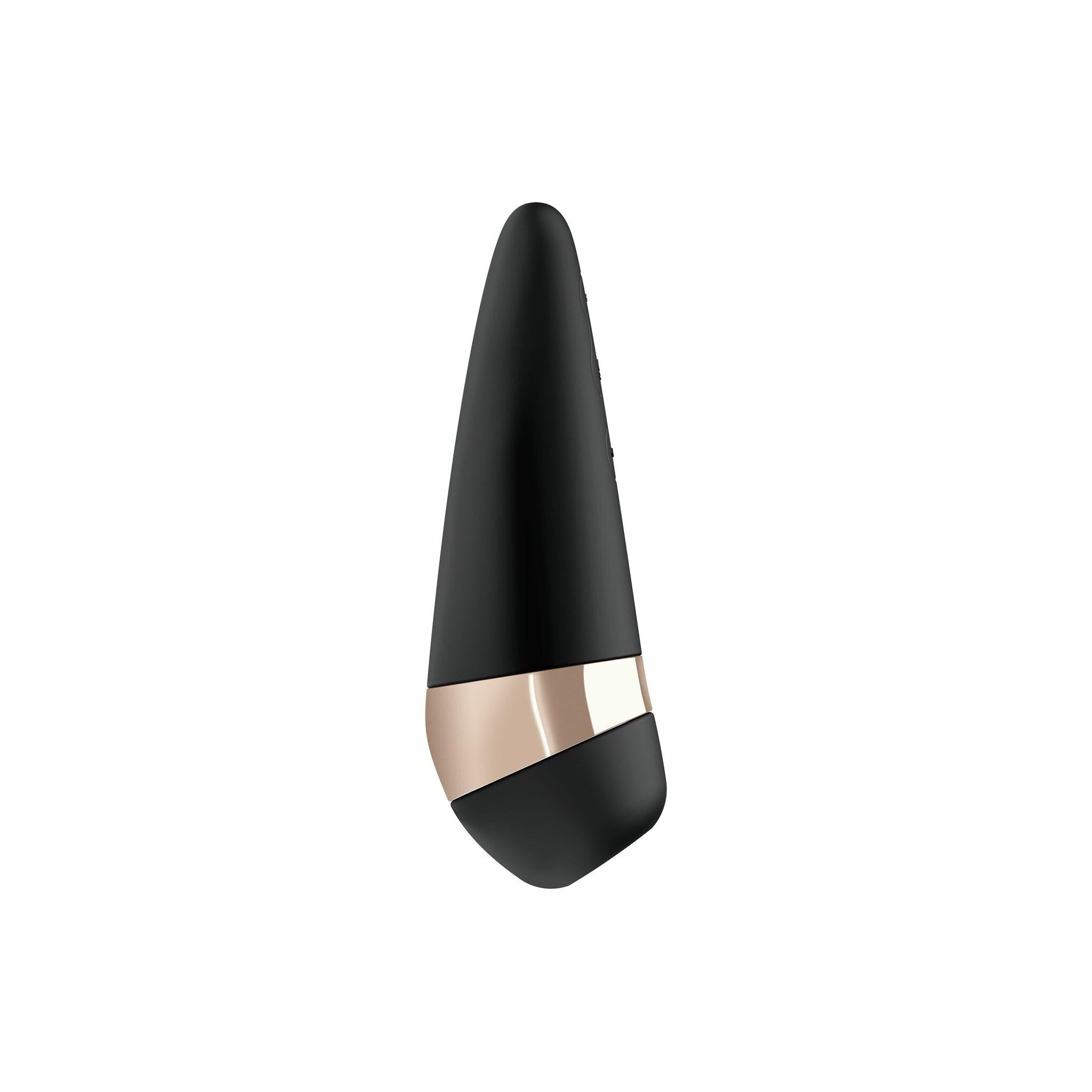 Satisfyer Pro 3+ sugevibrator i matt svart silikon med elegant rosegull detalj.