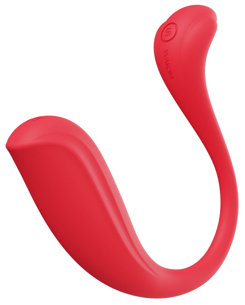 Rød, ergonomisk SVAKOM Phoenix Neo 2 parvibrator i silikon med kurvet design og kontrollknapp.