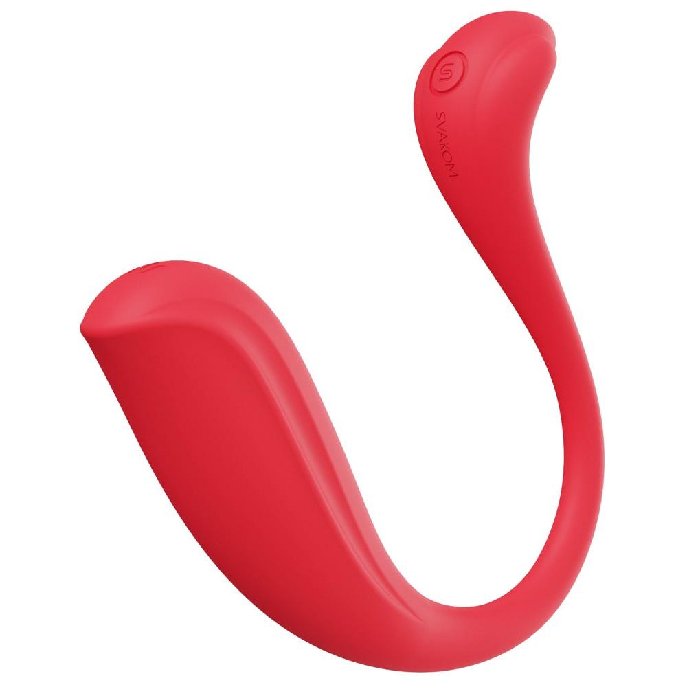 Rød, ergonomisk SVAKOM Phoenix Neo 2 parvibrator i silikon med kurvet design og kontrollknapp.