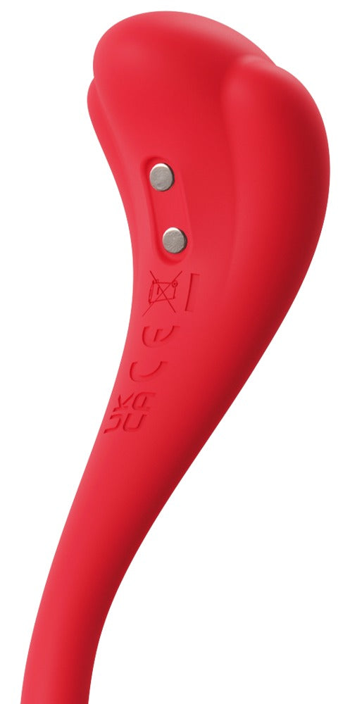Rød, kurvet Phoenix Neo 2 parvibrator i silkemyk silikon med kontrollknapper og logoer.