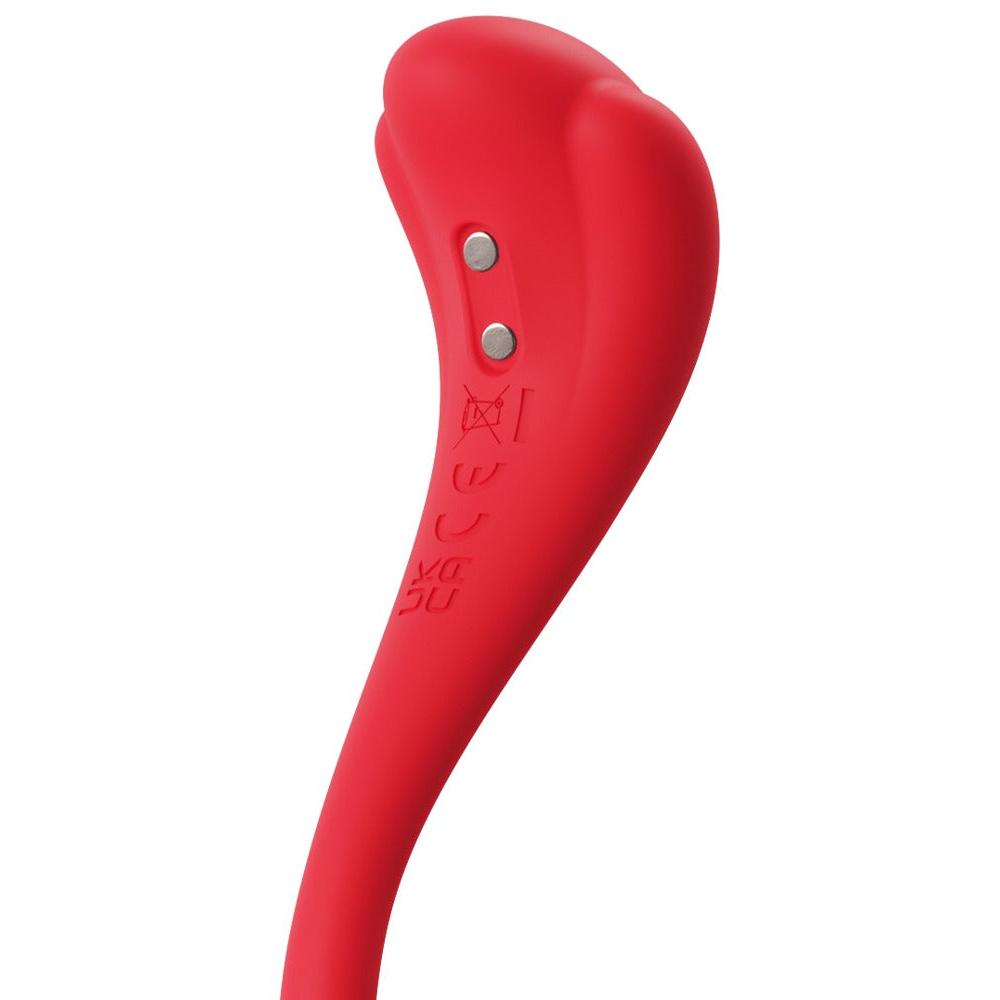 Rød, kurvet Phoenix Neo 2 parvibrator i silkemyk silikon med kontrollknapper og logoer.