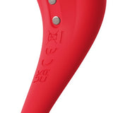 Rød, kurvet Phoenix Neo 2 parvibrator i silkemyk silikon med kontrollknapper og logoer.