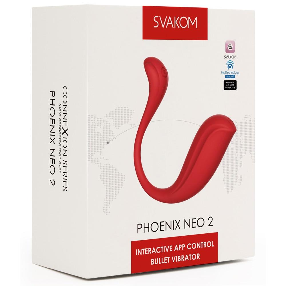 Rød SVAKOM Phoenix Neo 2 parvibrator i eske, med appstyring og ergonomisk design.