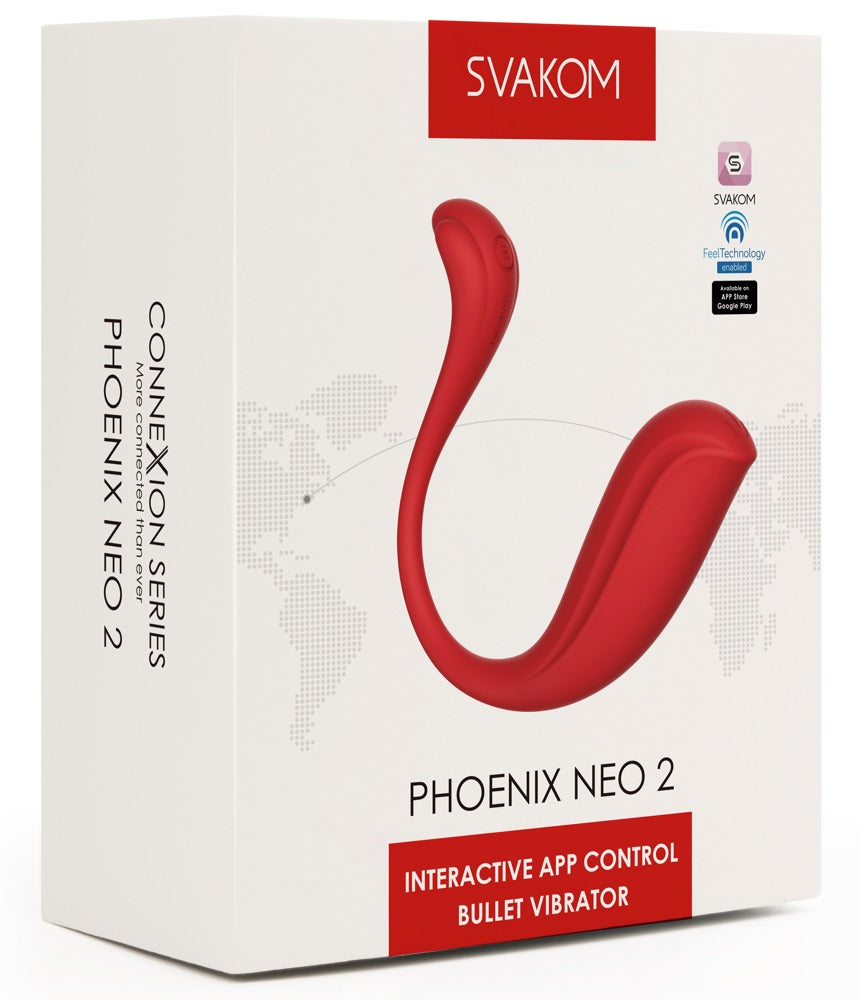 Rød SVAKOM Phoenix Neo 2 parvibrator i eske, med appstyring og ergonomisk design.