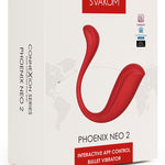 Rød SVAKOM Phoenix Neo 2 parvibrator i eske, med appstyring og ergonomisk design.