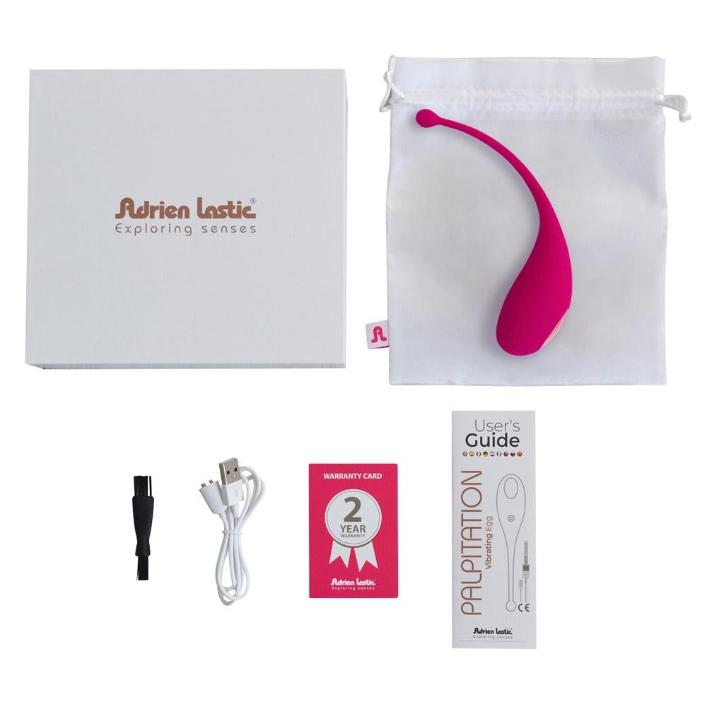 Palpitation vibrerende egg i silikon, fuchsia, med ladekabel, bruksanvisning og oppbevaringspose.