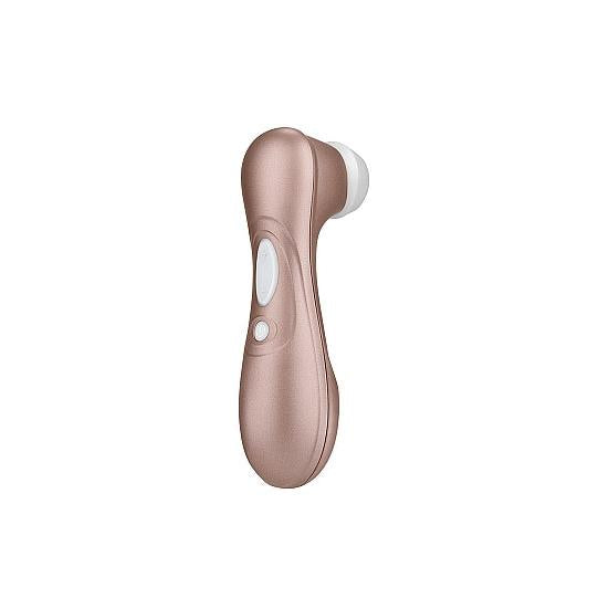 Satisfyer Pro 2 lufttrykksvibrator i elegant gull med hvitt silikonhode og knapper.