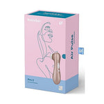 Satisfyer Pro 2 lufttrykksvibrator i gull, vist i rosa og blå emballasje med Air-Pulse logo.