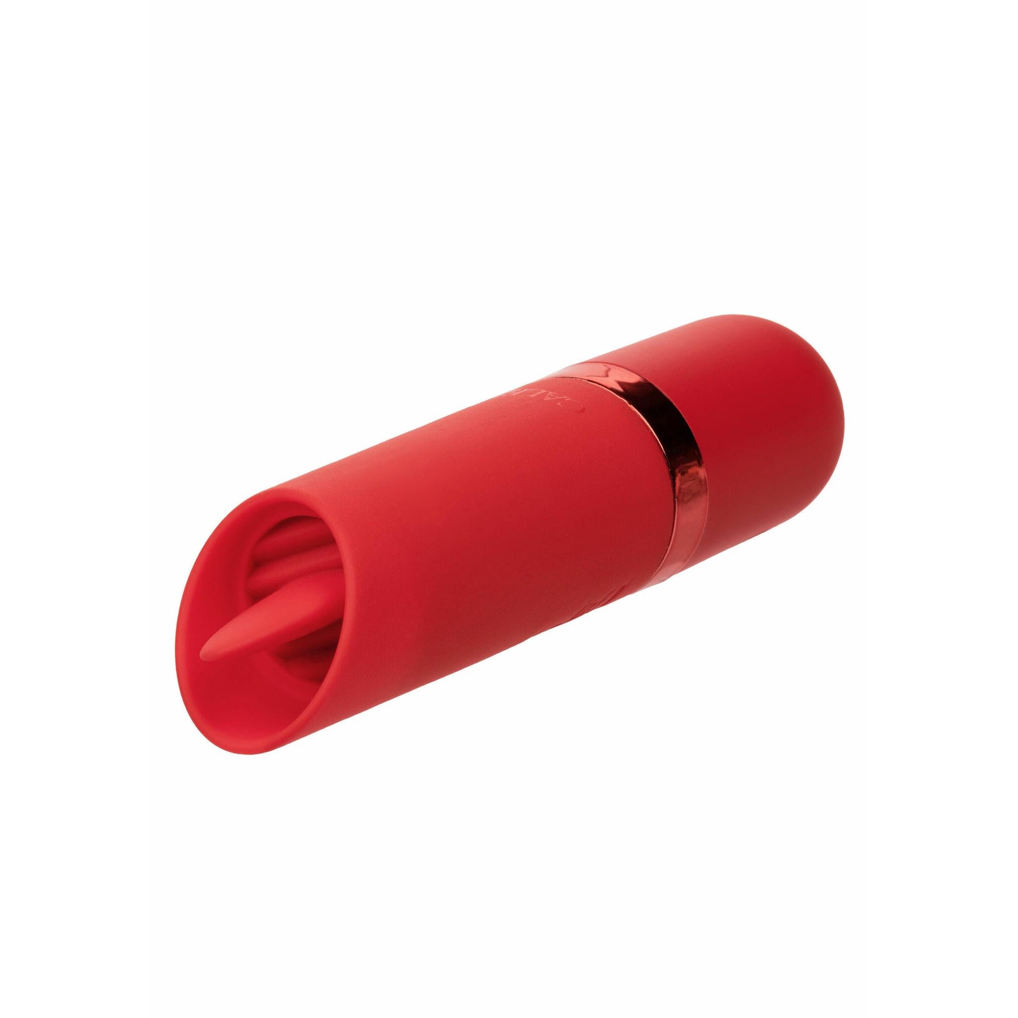 Kyst Flicker klitorisvibrator i rød, fløyelsmyk silikon med unik tungefunksjon og metallisk ring.