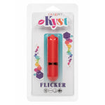 Kyst Flicker klitorisvibrator i rød silikon, vist i blisterpakning med fargerike detaljer.