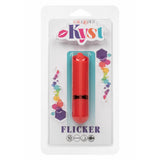 Kyst Flicker klitorisvibrator i rød silikon, vist i blisterpakning med fargerike detaljer.