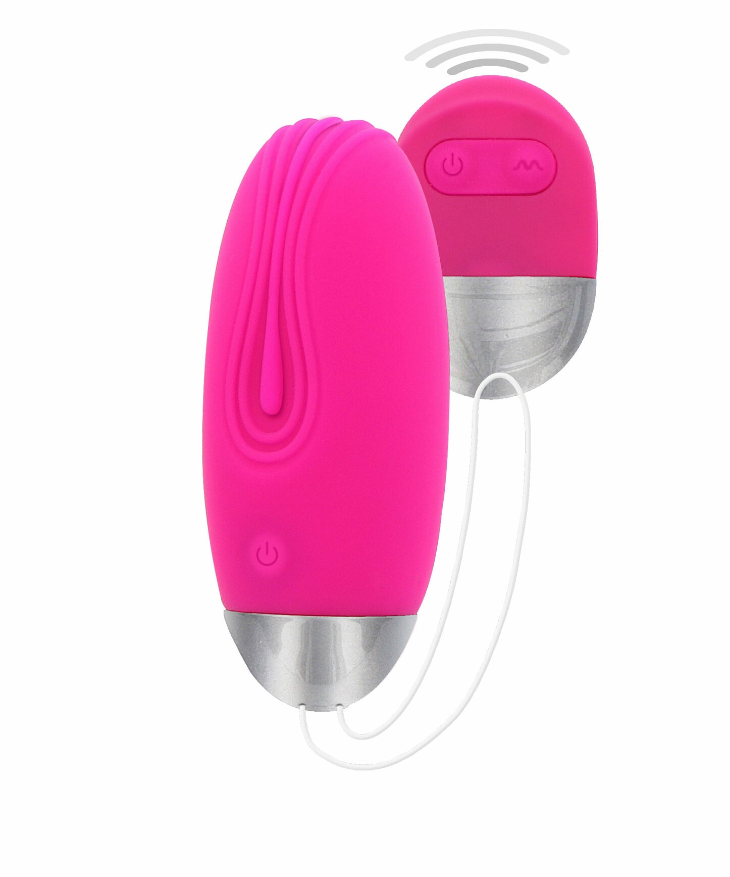 Funky egg vibrerende egg i fuchsia silikon med sølvfarget base og trådløs fjernkontroll.