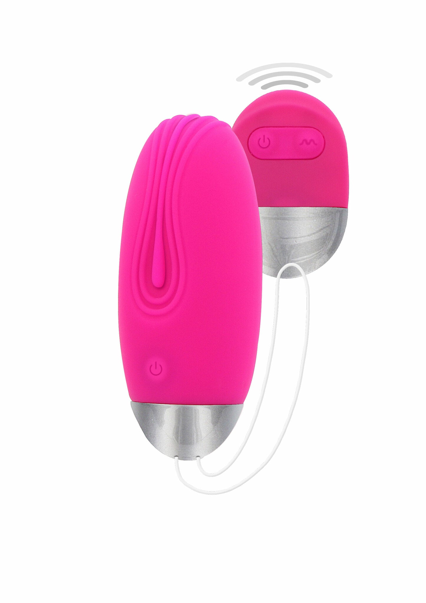 Funky egg vibrerende egg i fuchsia silikon med sølvfarget base og trådløs fjernkontroll.