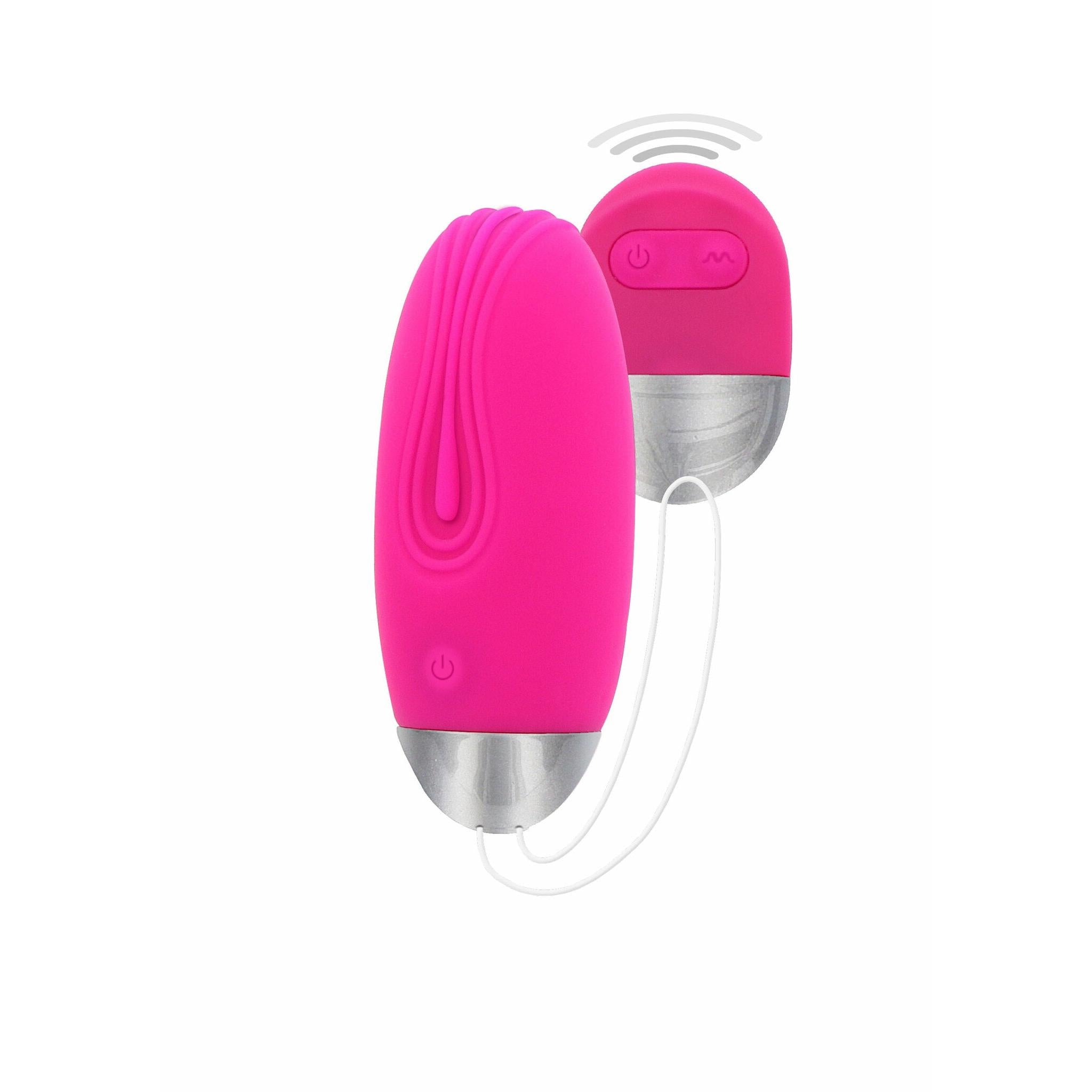 Funky egg vibrerende egg i fuchsia silikon med sølvfarget base og trådløs fjernkontroll.