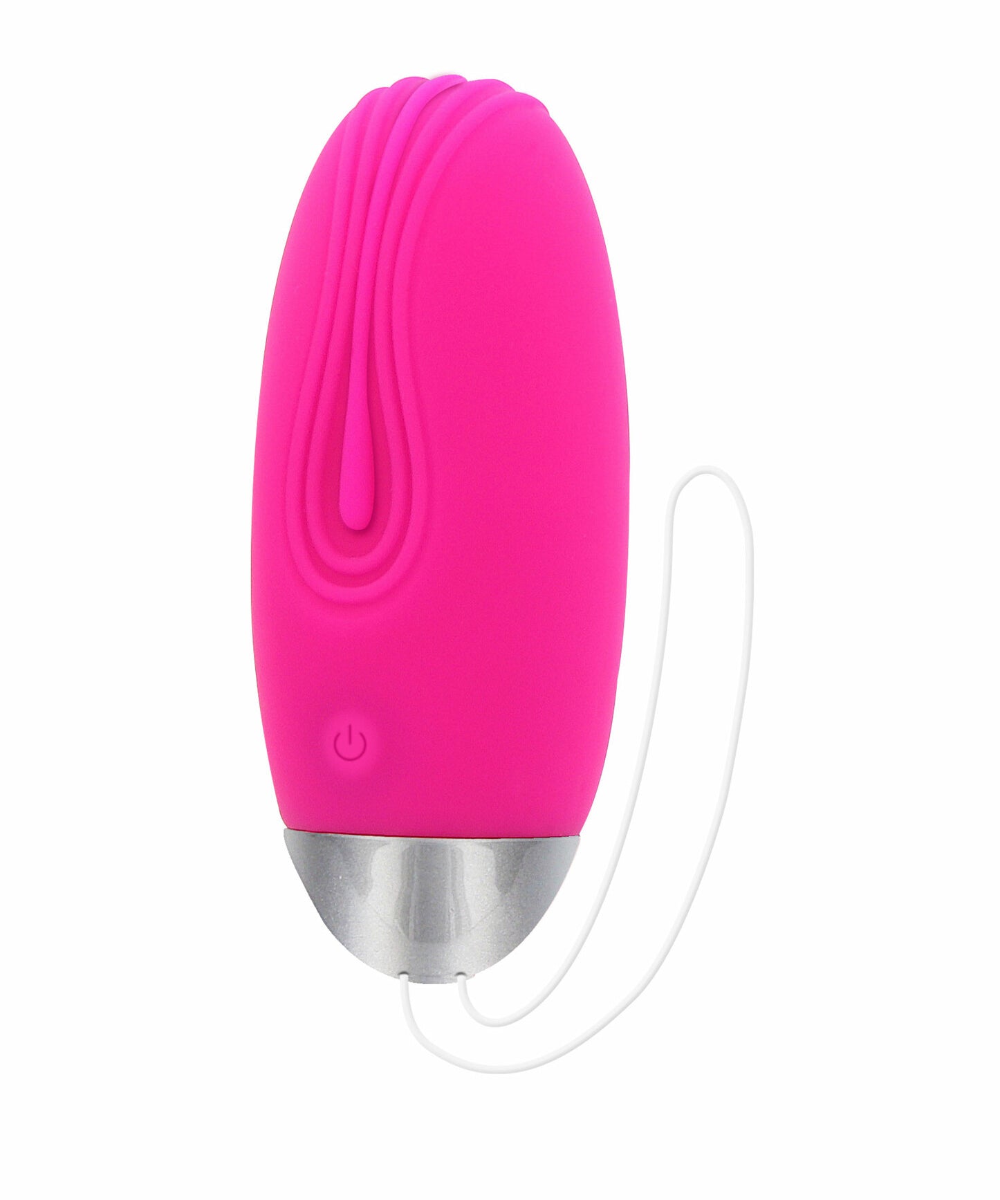 Funky egg vibrerende massasjeegg i rosa silikon med sølvdetalj og hvit snor.