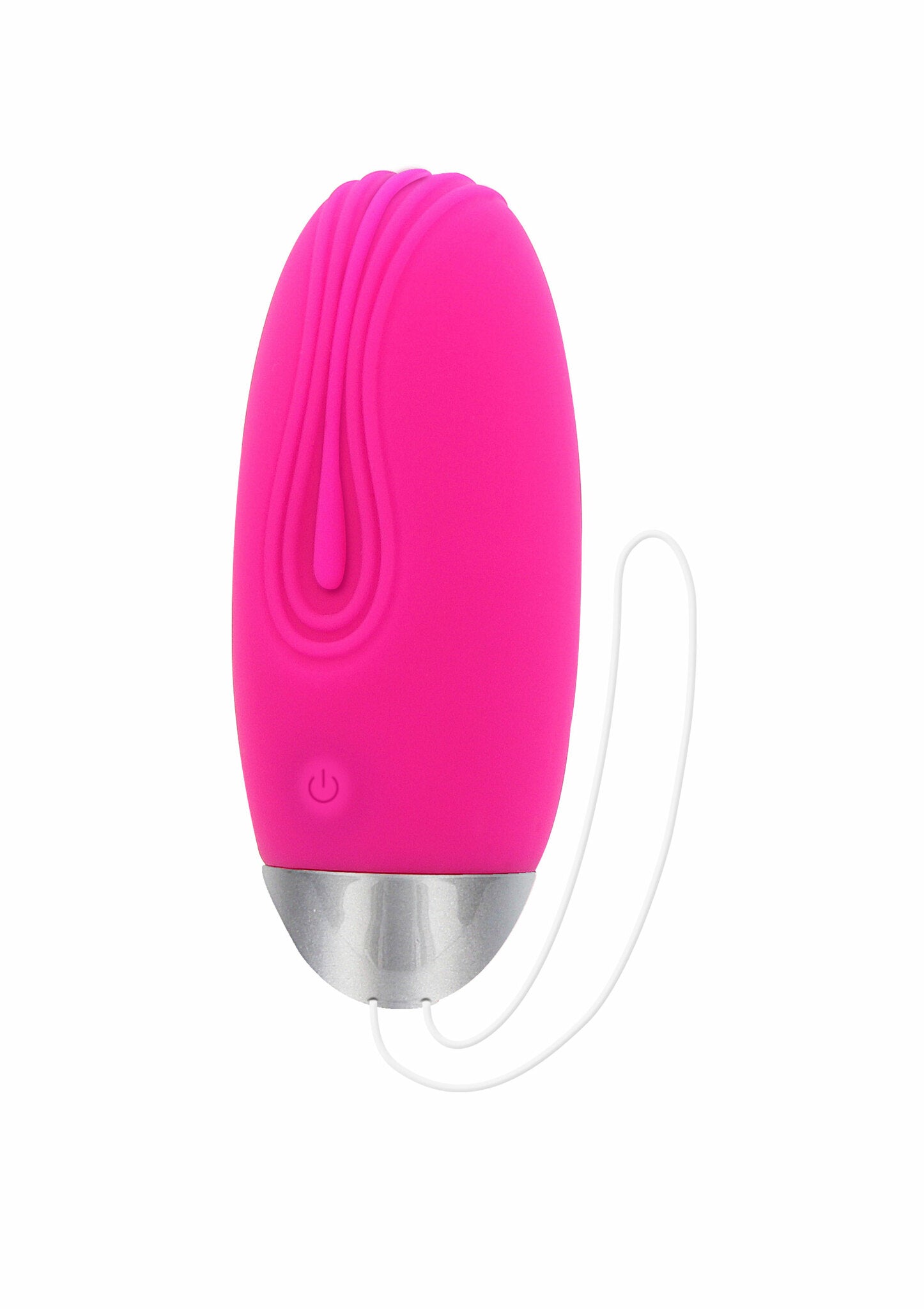 Funky egg vibrerende massasjeegg i rosa silikon med sølvdetalj og hvit snor.