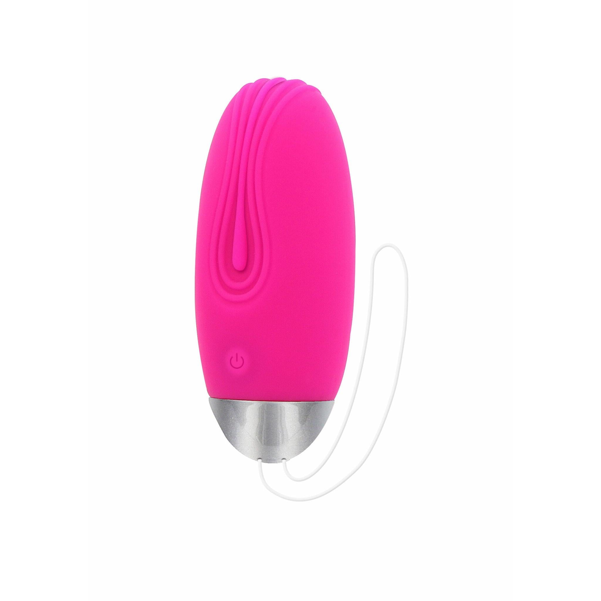 Funky egg vibrerende massasjeegg i rosa silikon med sølvdetalj og hvit snor.