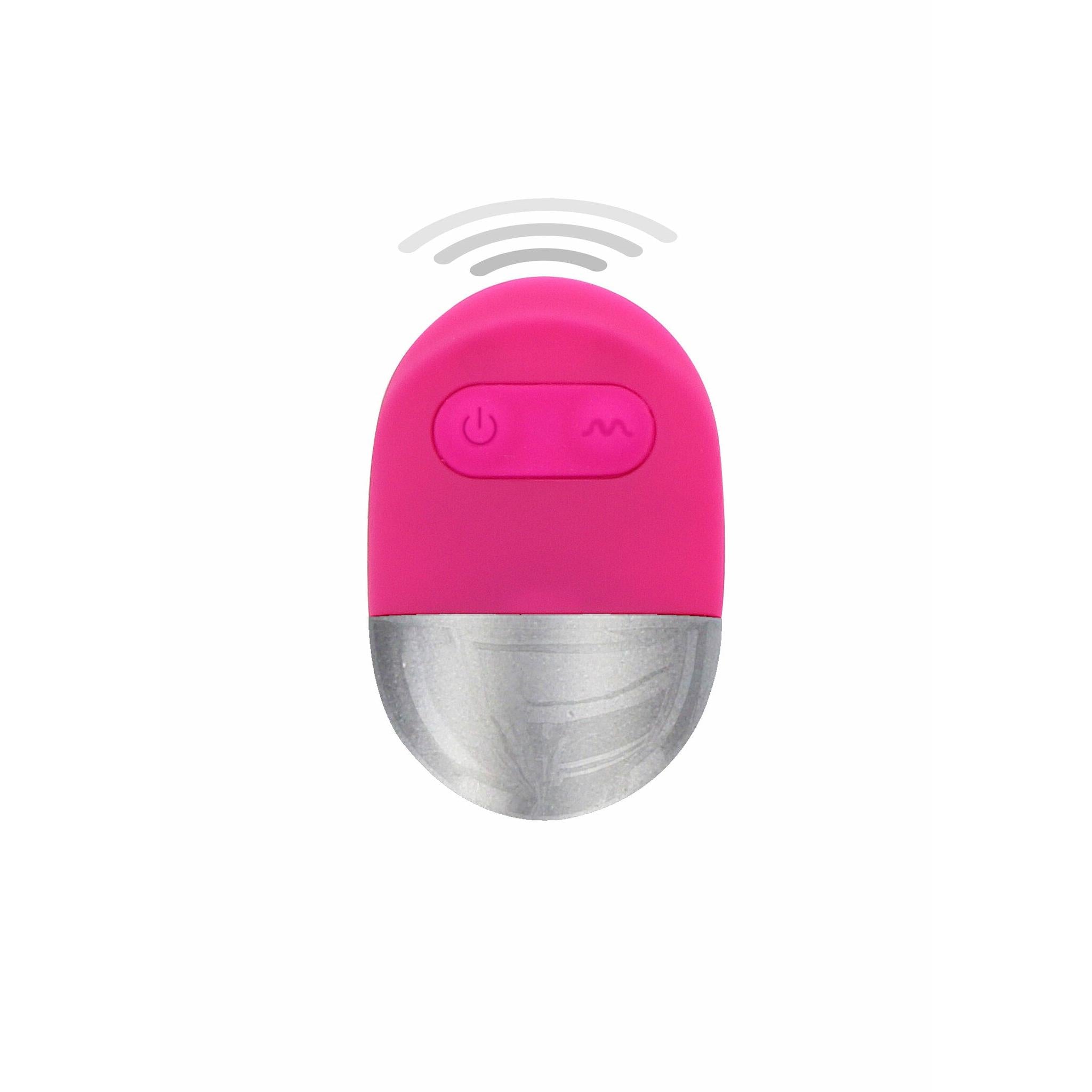 Funky egg vibrerende egg i rosa silikon med sølvfarget base og trådløs fjernkontroll.